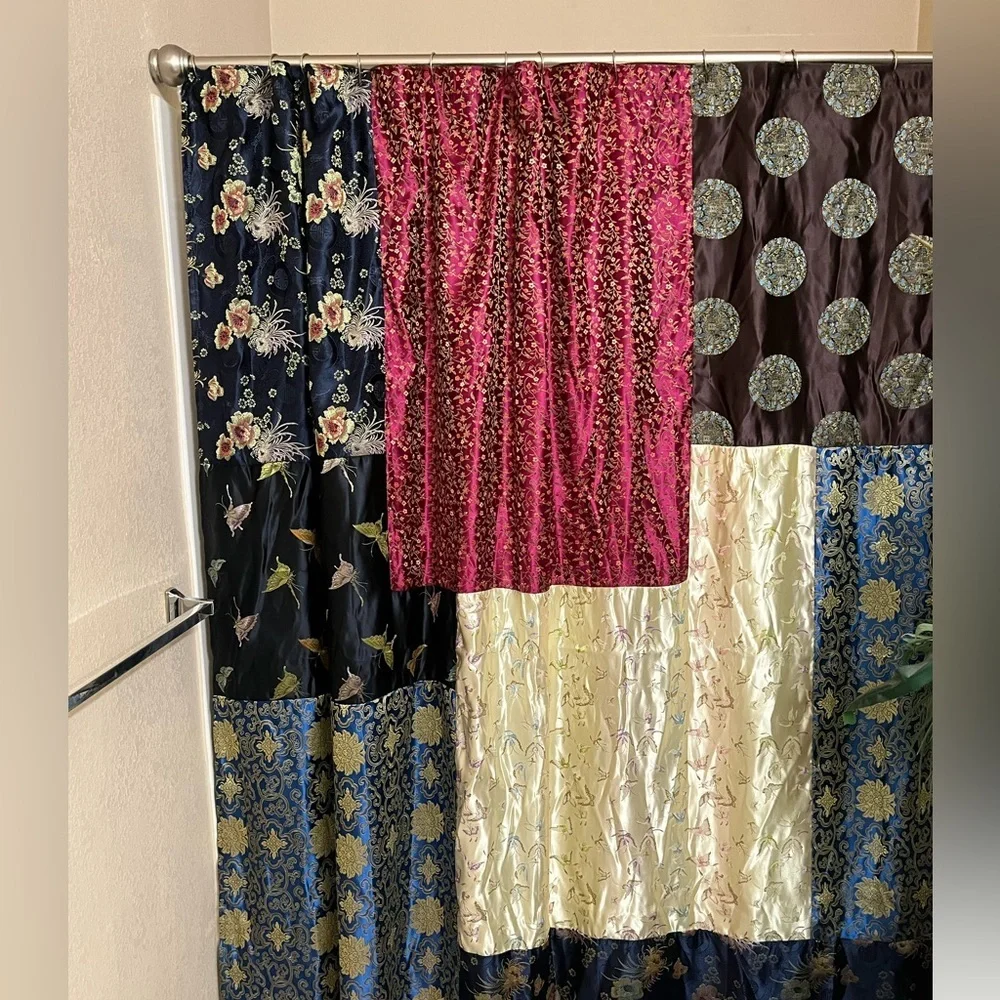 VERATEX SHOWER CURTAIN ASIAN MOTIFS PATCHWORK FLORAL AND BUTTERFLY PRINT: